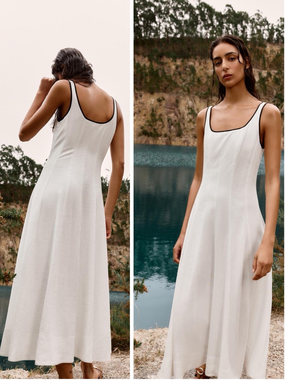 Zara Midi A Line Dress With Contrasting Trim Round Neckline Oyster White Size XL